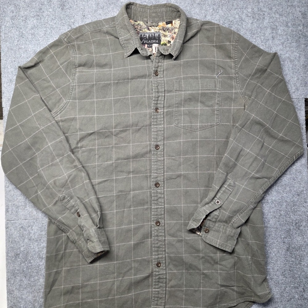 Pladra Mens XL Tall Olive Windowpane Flannel Shirt Antler Logo Stretch